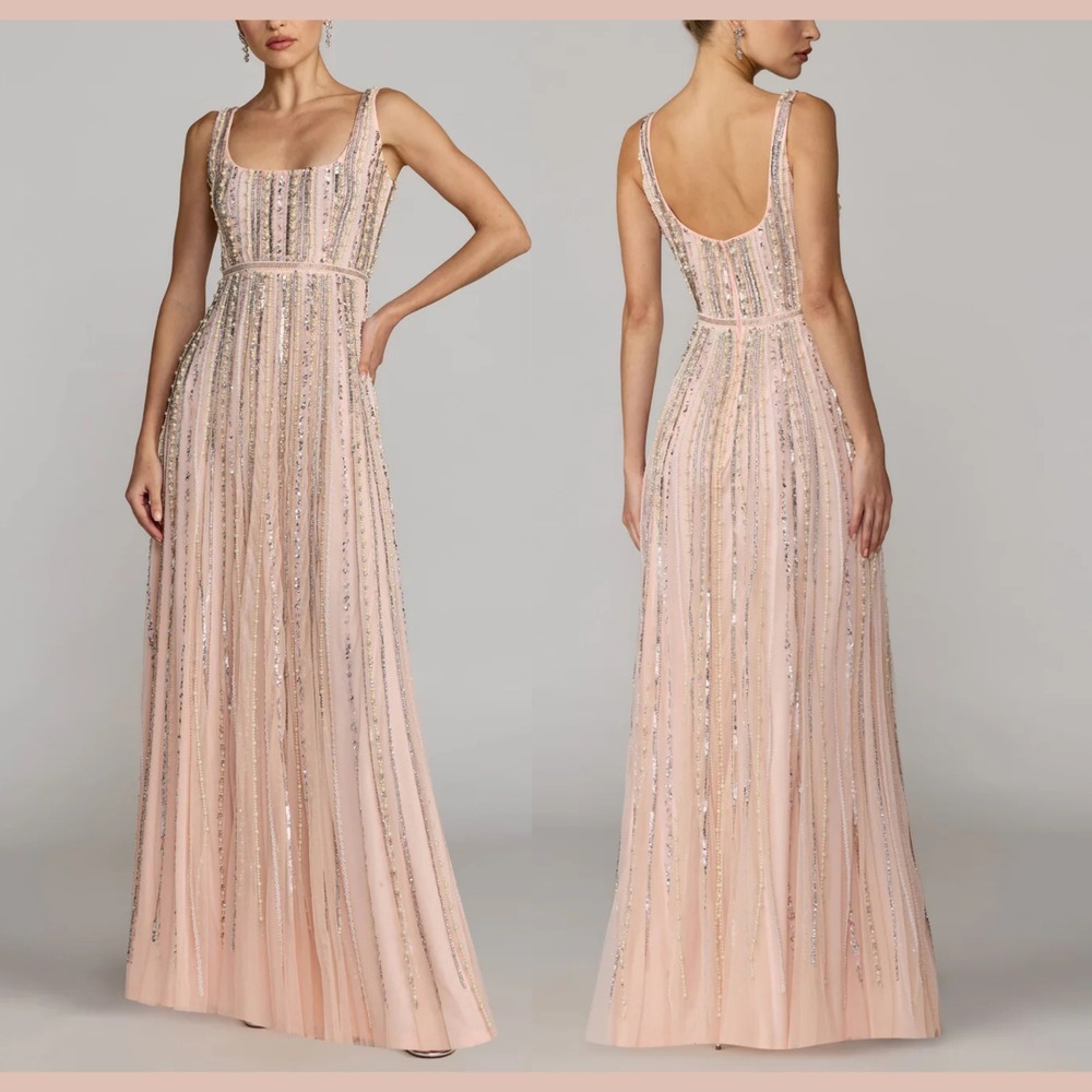 NWT Mac Duggal [ 14 ] 94080 Scoop Neck A-Line Gown With‎ Striped Beading J2139